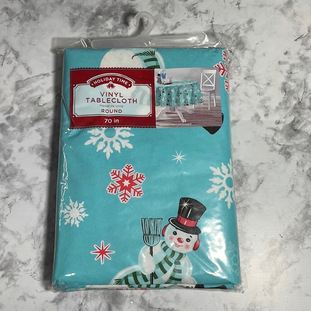 Holiday Time Light Blue Snowmen Round 70 Inch Vinyl Tablecloth